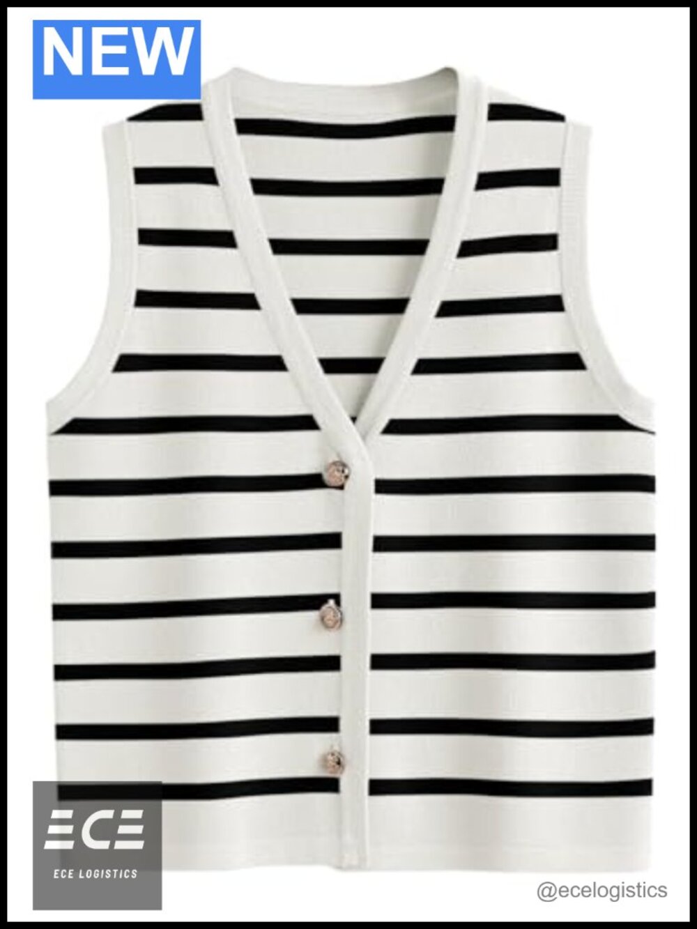 Striped Sweater Vest V Neck Button Up Sleeveless Knit Business Casual Top
